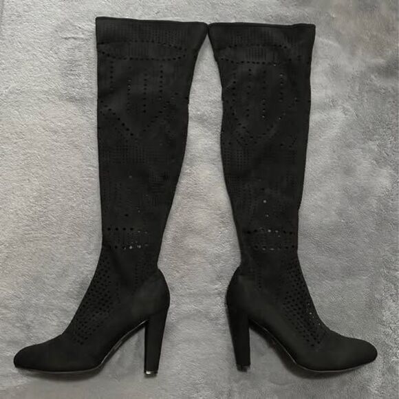Women’s Black Faux Suede Perforated Design Over-The-Knee Boots - Picture 1 of 8